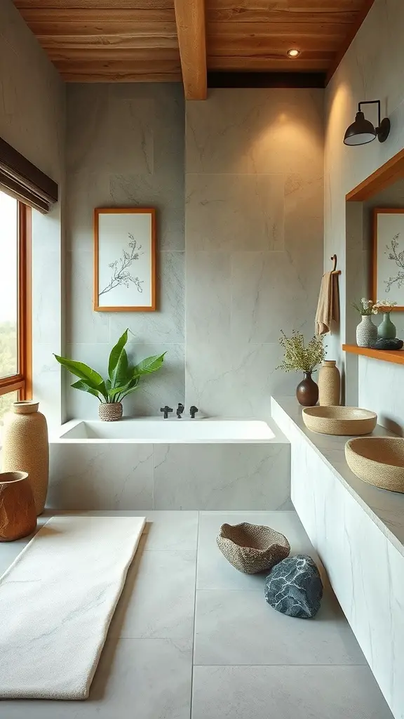 A serene bathroom featuring a wooden bathtub, minimal decor, and natural light.