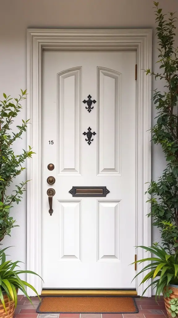 A white entryway door with decorative hardware and green plants flanking it.