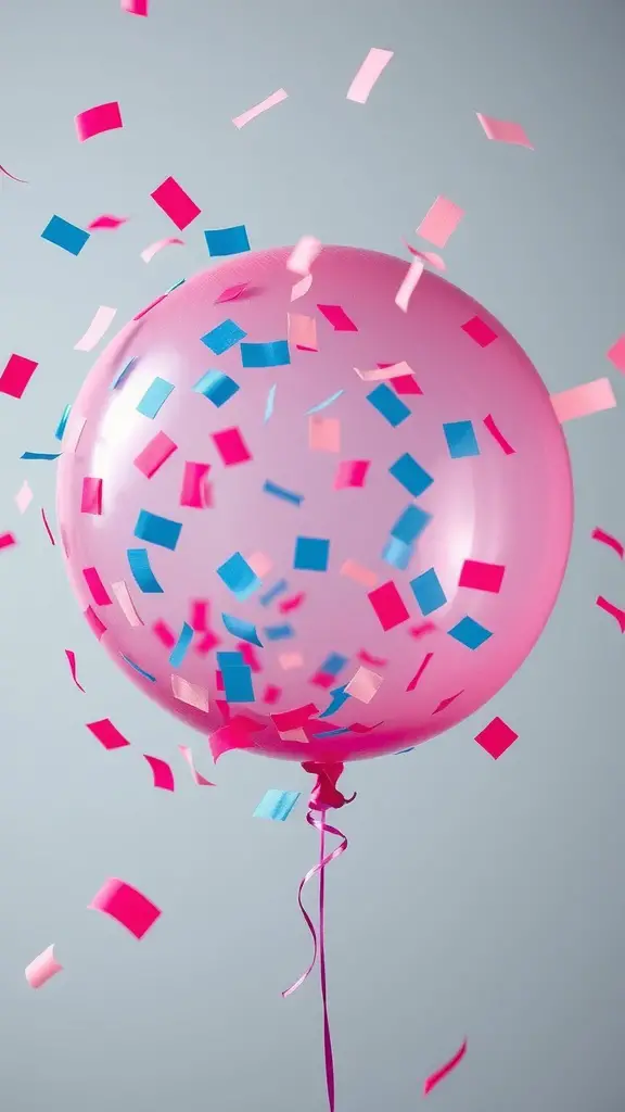 A pink balloon filled with confetti in pink and blue colors, ready to pop for a gender reveal.