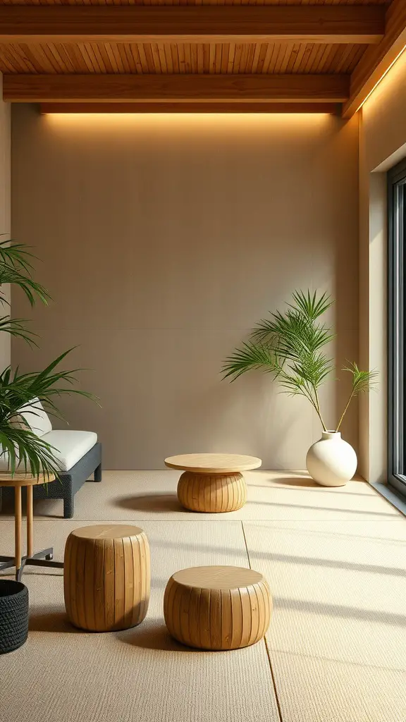 A serene room with bamboo furniture and green plants, designed for relaxation.