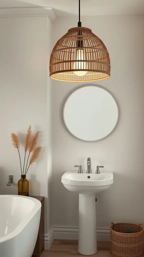 A bamboo pendant light hanging above a bathroom sink, featuring a round mirror and a modern design.