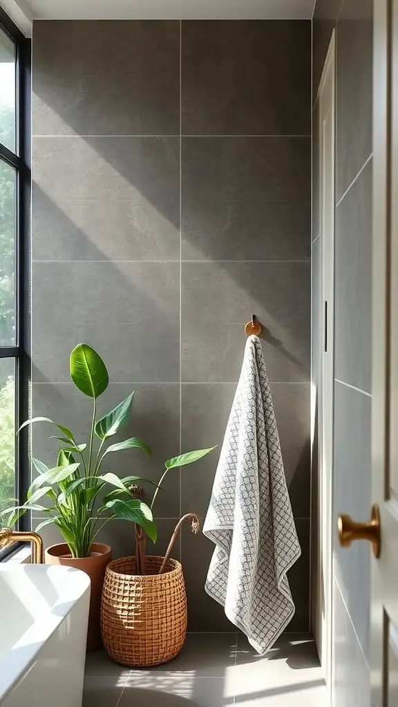 A serene bathroom featuring bamboo towel hooks, soft towels, and plants.