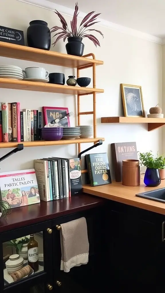 Bamboo shelving with purple knickknacks and colorful cookbooks in a kitchen