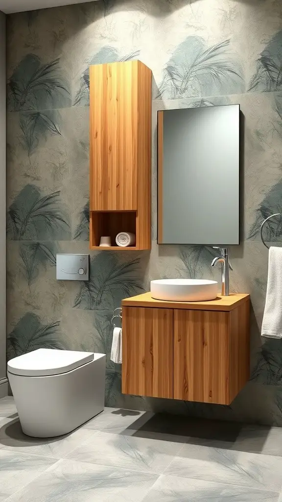 A bamboo bathroom cabinet with a white sink and mirror against a gray wall, complemented by potted plants.