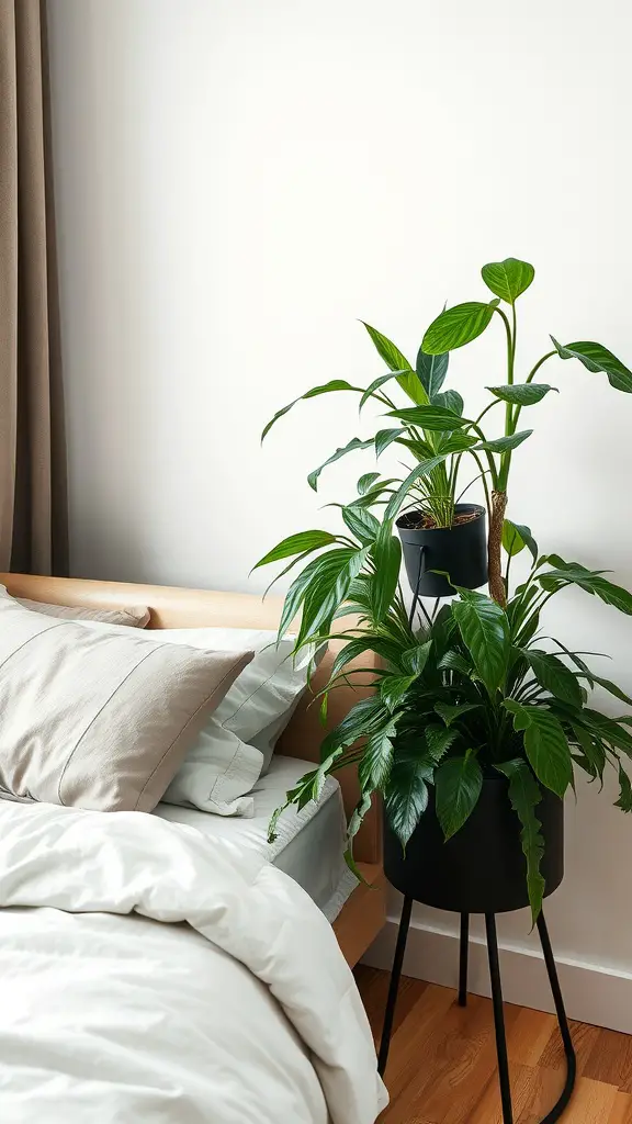 A cozy bedroom with a bedside plant stand featuring lush green plants next to a bed.