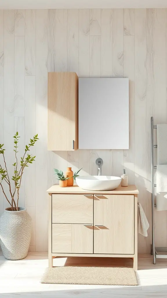 Birch wood bathroom cabinet with a round sink and minimalistic design, complemented by plants and neutral colors.