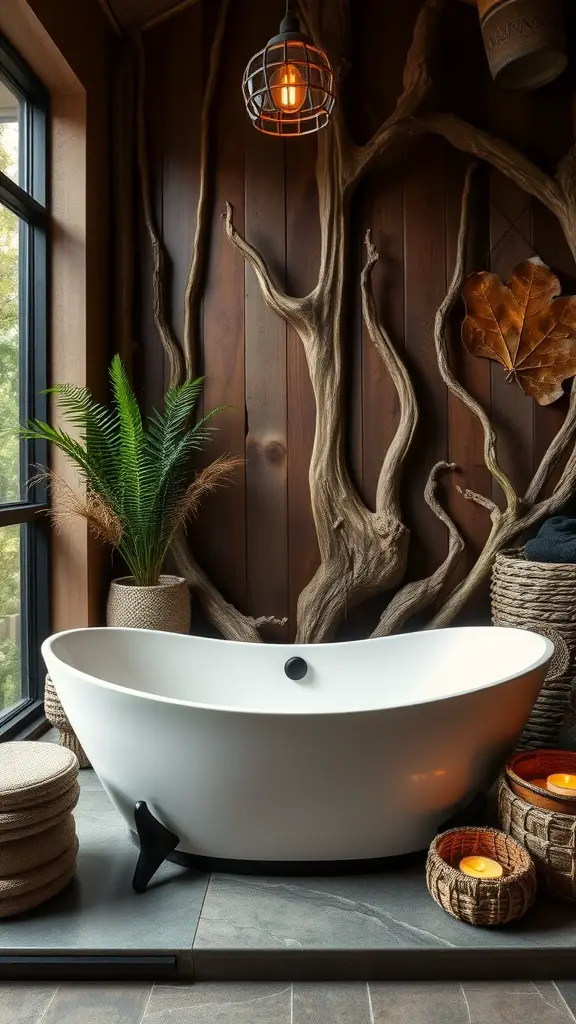 Black-accented bathtub surrounded by natural wood elements and greenery