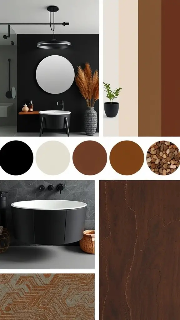 A modern bathroom featuring earthy tones and black accents with a sleek bathtub, a pendant light, and decorative elements.