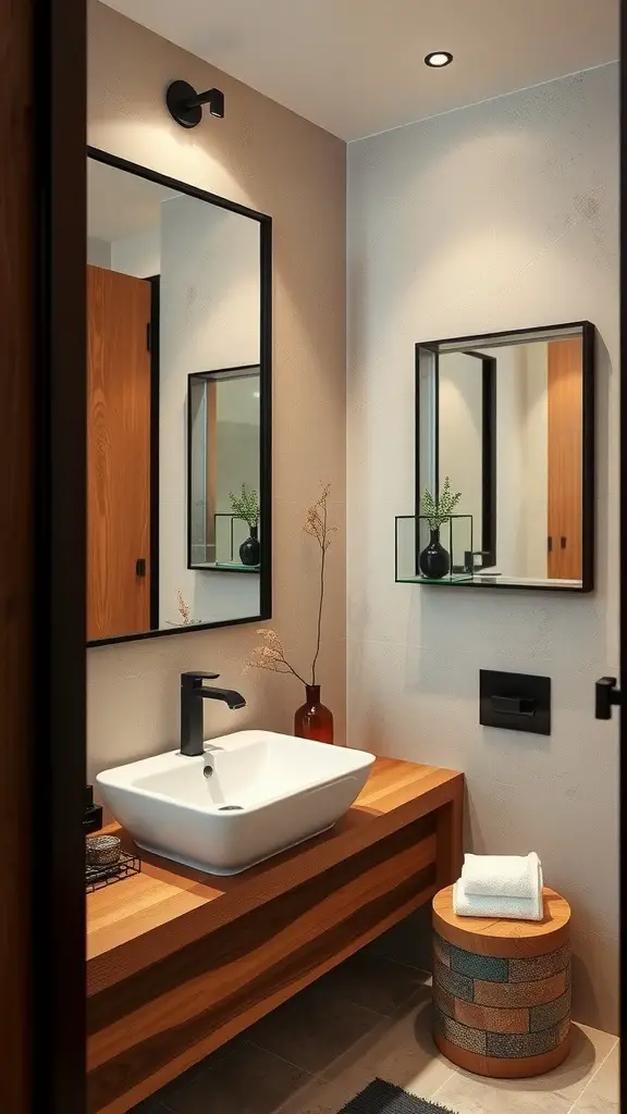 A modern bathroom featuring black framed mirrors, a white sink, and natural wood accents.