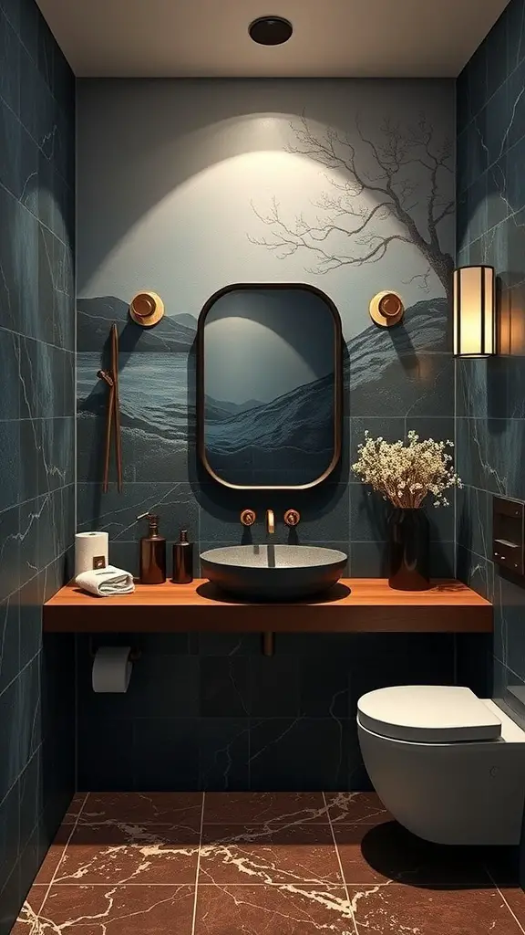 A bathroom with blue themed wall art, chocolate colored flooring, and a modern sink and mirror.
