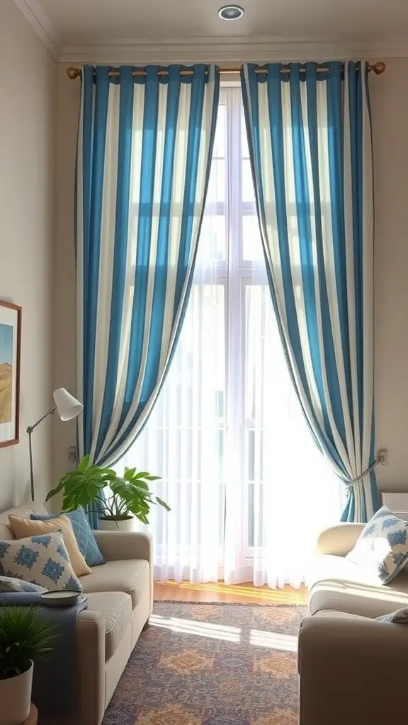 Living room with blue and white striped curtains, light furniture, and decorative cushions.