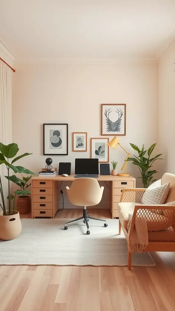 A cozy workspace featuring blush beige walls, light wood furniture, and plants, creating a warm atmosphere.