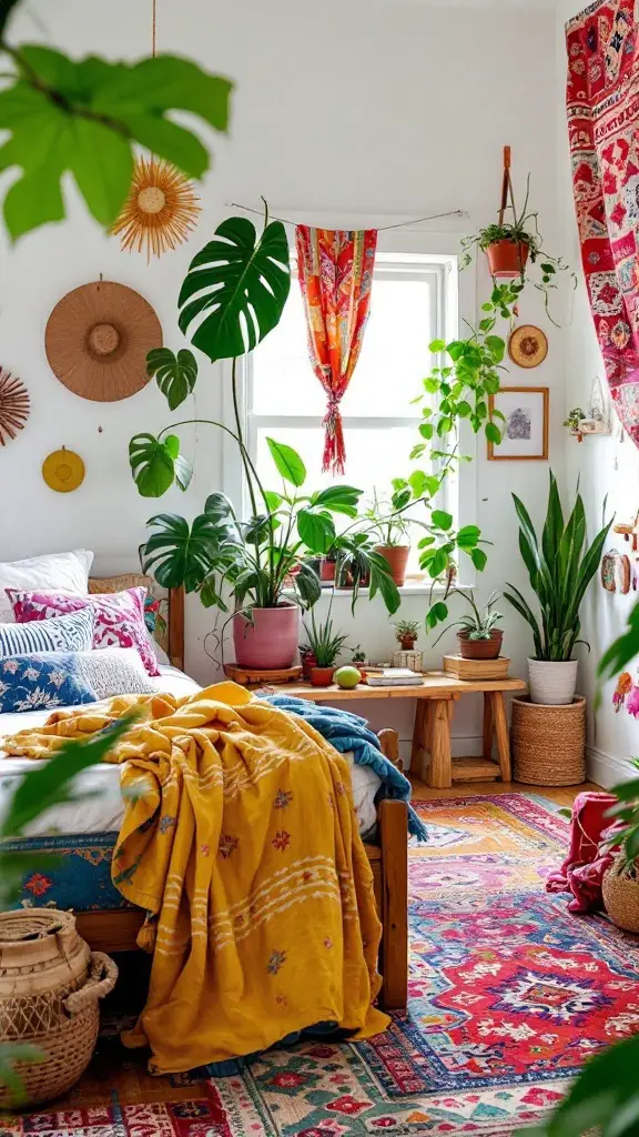 A cozy bohemian-style bedroom featuring colorful textiles, plants, and warm lighting.