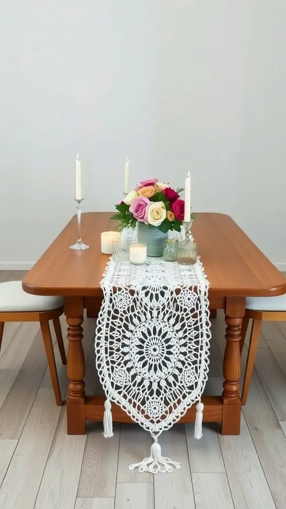 A beautifully designed white crochet table runner on a wooden dining table, adorned with candles and a bouquet of roses.