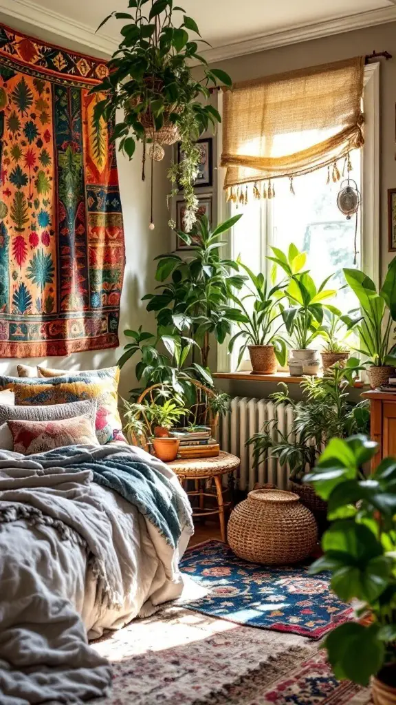 A cozy bohemian bedroom with rich colors, plants, and artistic decor.
