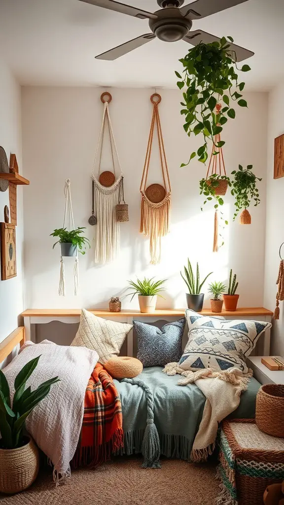 Cozy teenage room corner with boho chic decor, featuring hanging plants, layered blankets, and decorative pillows.