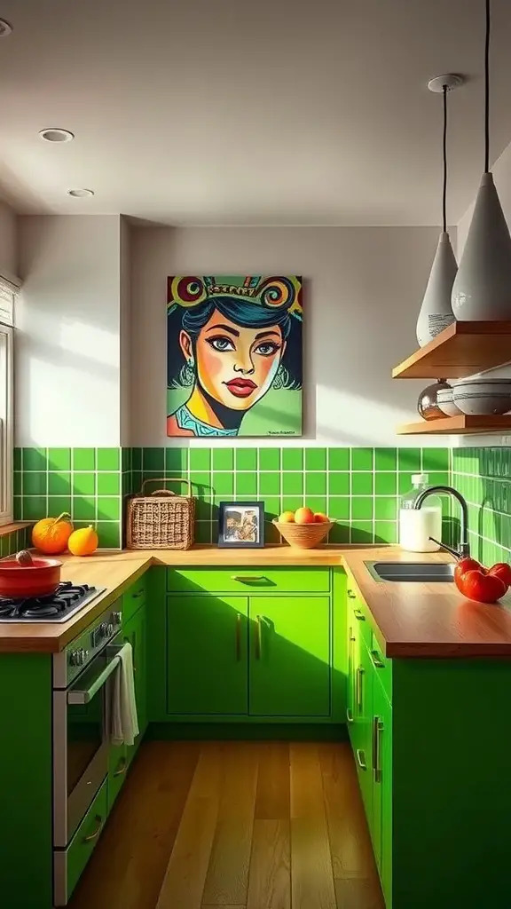 A kitchen with avocado green cabinets, wooden countertops, and bright decor