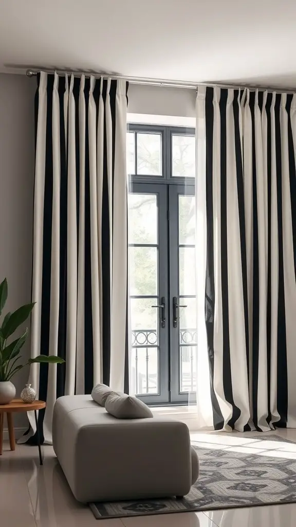 Living room featuring bold black and white striped curtains, a light-colored sofa, and a decorative rug.