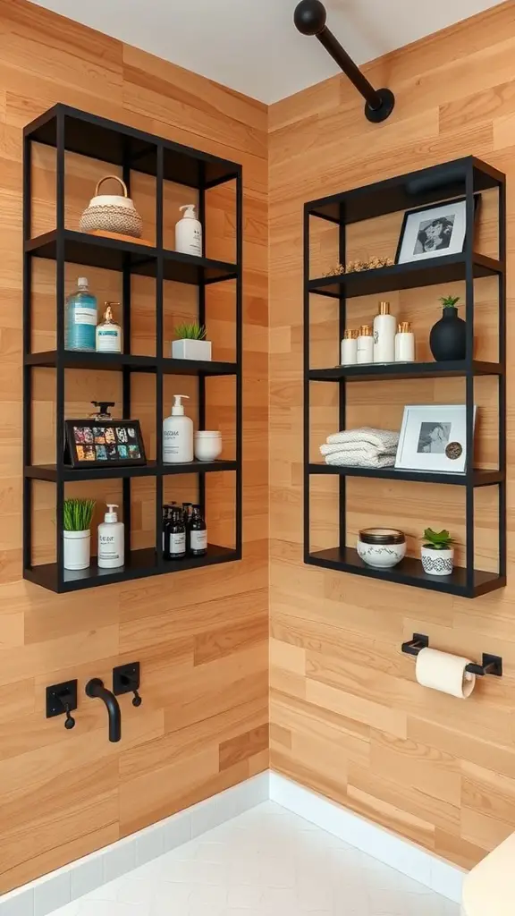 Black shelving units displaying various items against wooden bathroom walls.