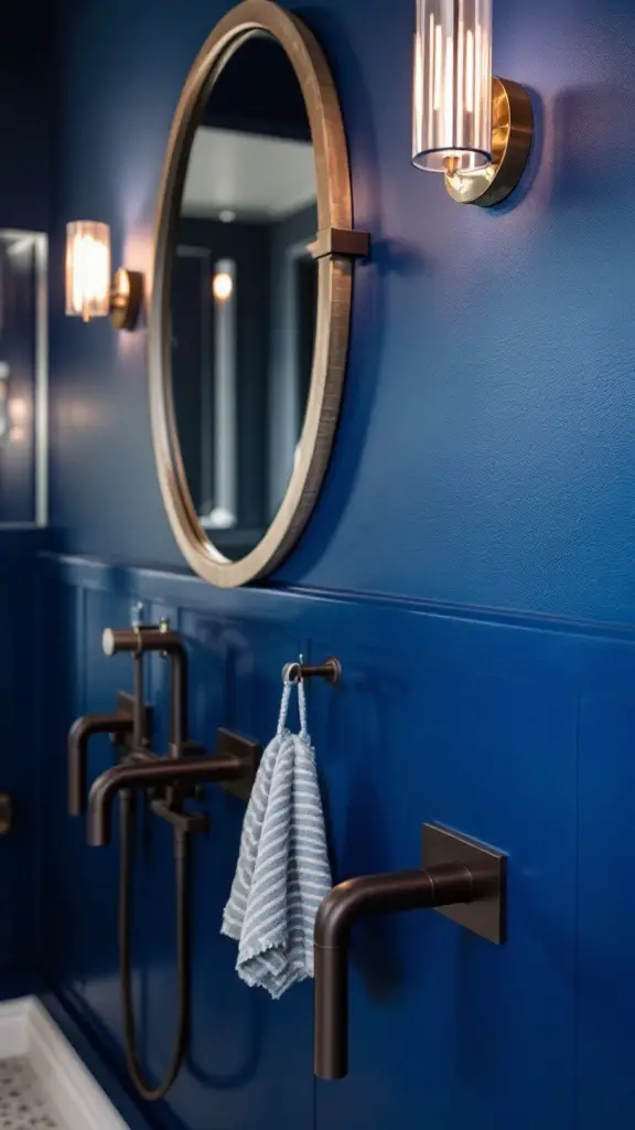 A bright blue accent wall with chocolate fixtures in a bathroom setting