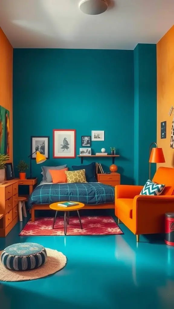A vibrant boy's room featuring teal walls and orange furniture.