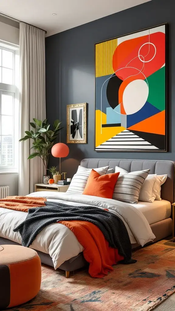 Stylish teen bedroom featuring bold graphic wall art and colorful decor