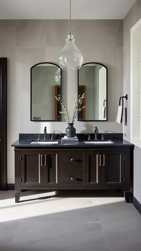 Dark chocolate bathroom vanity with double sinks and modern fixtures