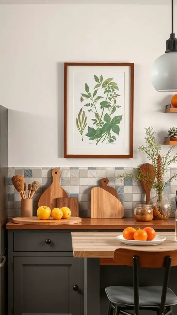 Framed botanical artwork featuring various herbs in a cozy kitchen setting.