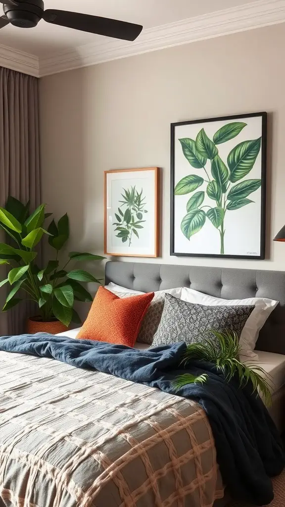 A serene master bedroom featuring hanging greenery, framed leaf prints, and cozy decor.