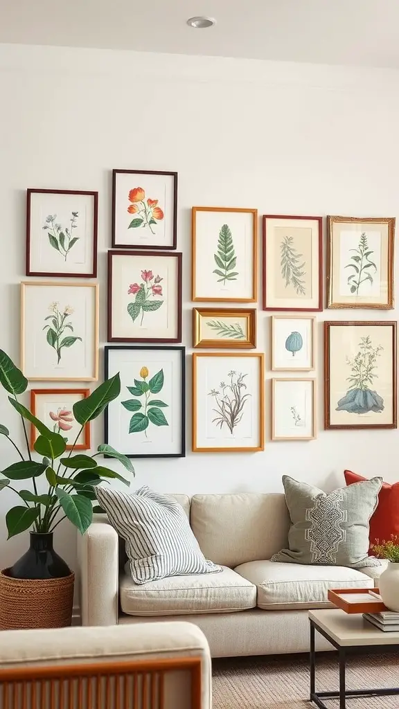A cozy living room with a gallery wall of framed botanical prints and artwork.
