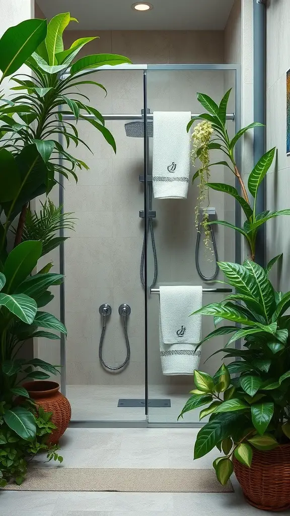 A serene bathroom shower area surrounded by lush green plants and soft towels.
