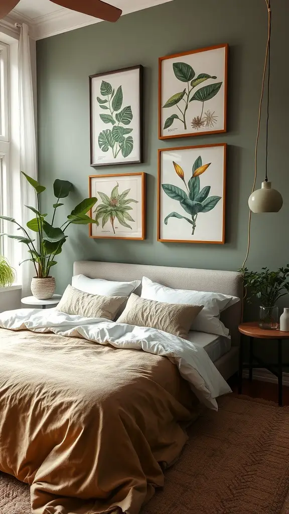A cozy bedroom featuring botanical wall art, plants, and soft bedding.