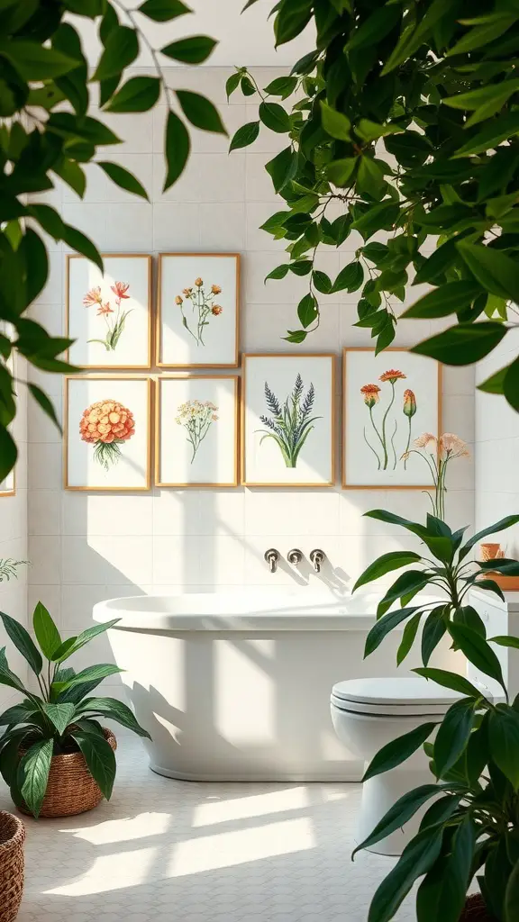 A bright bathroom with botanical wall art featuring flower illustrations and lush green plants.