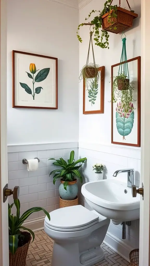 A cozy bathroom featuring botanical wall art, hanging plants, and potted greenery.