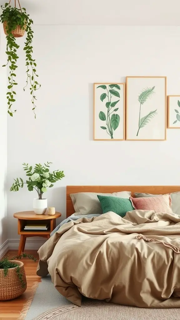A cozy bedroom with botanical wall art, a wooden bed, and greenery.
