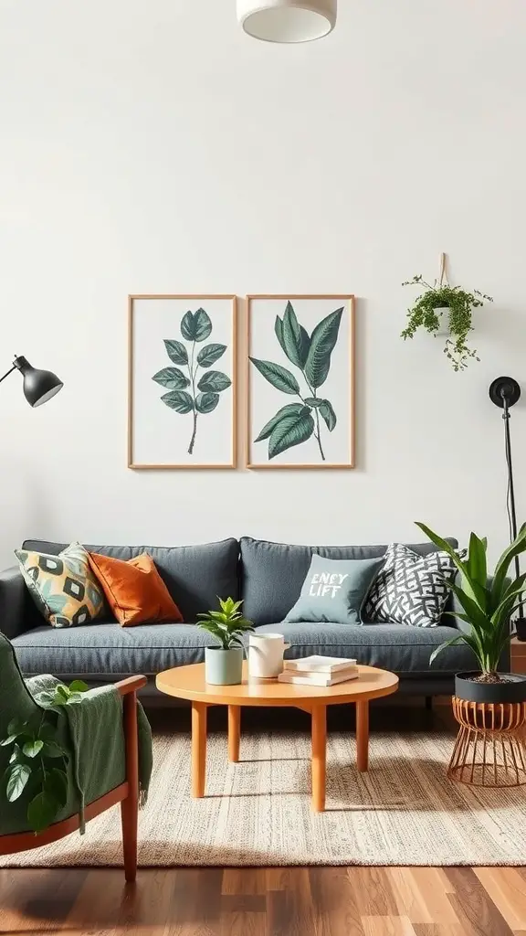 A cozy living room featuring botanical wall art with framed leaf prints, a comfortable couch, and houseplants.