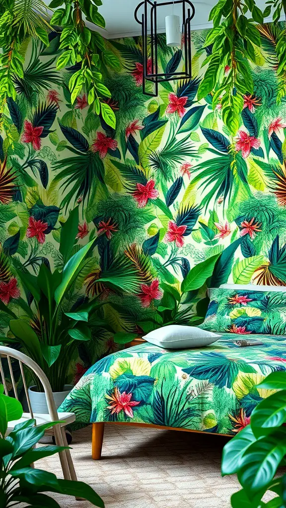 A bedroom with botanical wallpaper featuring green leaves and bright flowers, complemented by a matching bedspread and hanging plants.