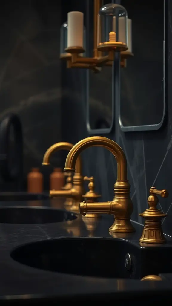 Brass bathroom fixtures on dark marble countertops