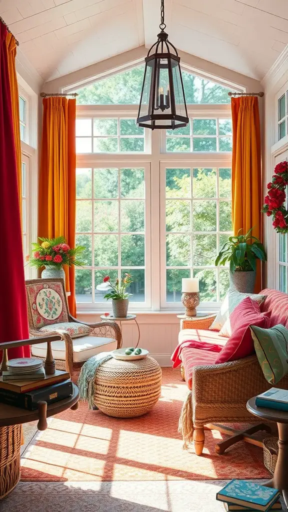 A cozy sunroom with bright orange and red curtains, comfortable seating, and cheerful decor.