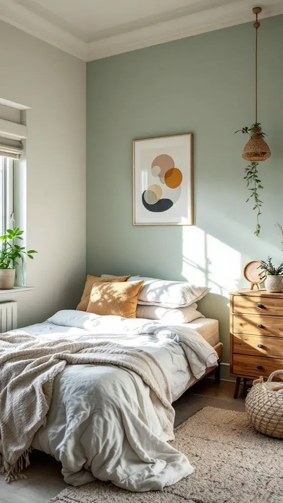 A small bedroom with soft light colors, wooden furniture, and plants, creating an open and inviting atmosphere.