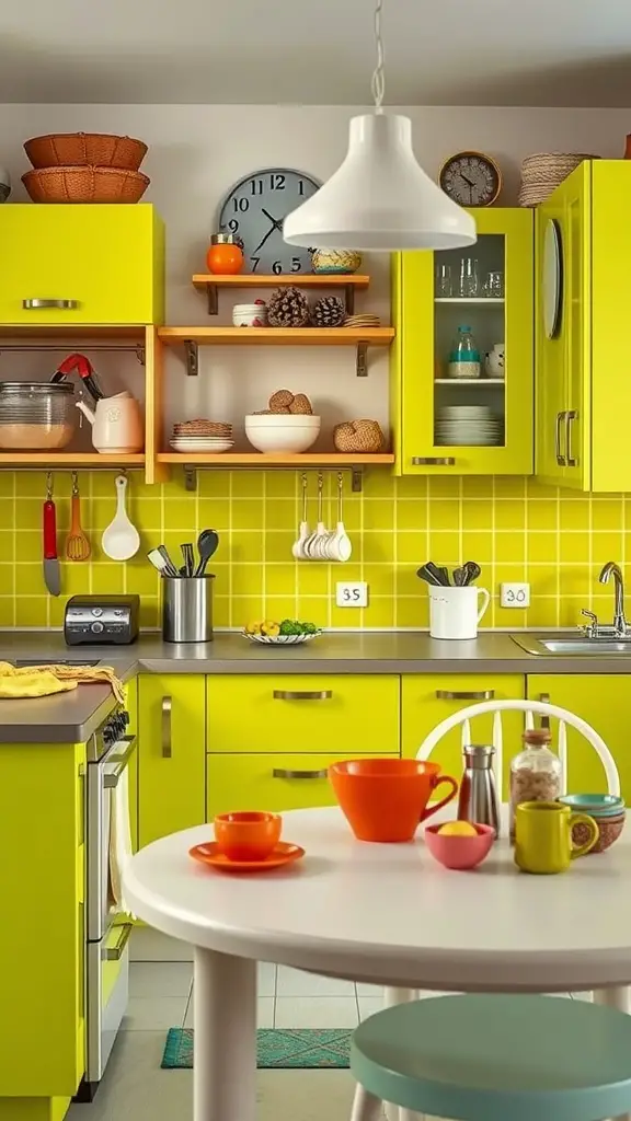 A bright kitchen featuring lime green cabinets, white countertops, and colorful accents.