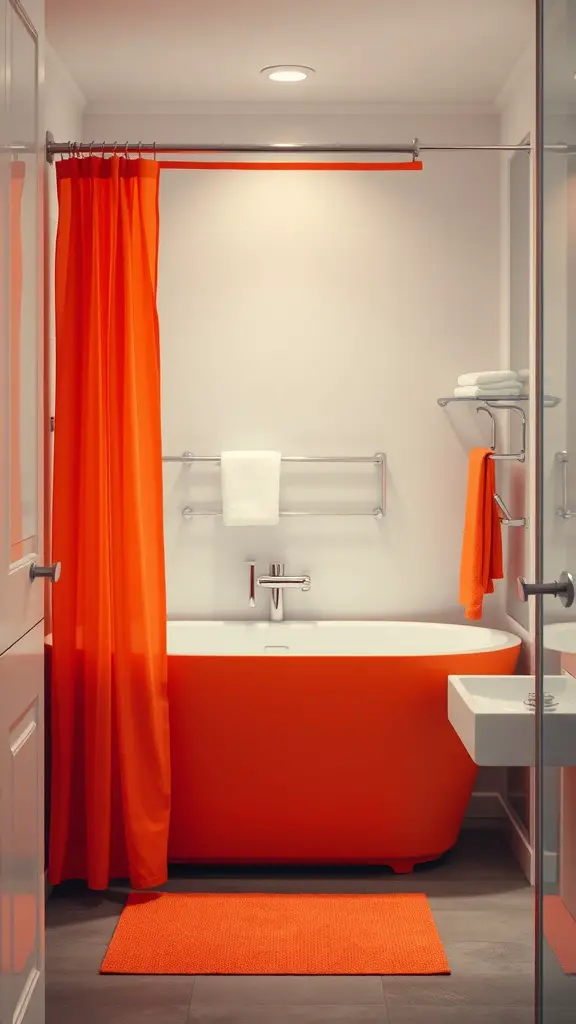 A bright orange shower curtain in a modern bathroom with an orange tub and matching bath mat.