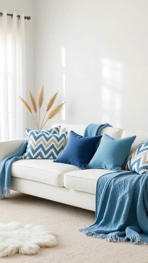 A bright white sofa decorated with blue throw blankets and cushions, set against a light-colored wall with natural light streaming in.