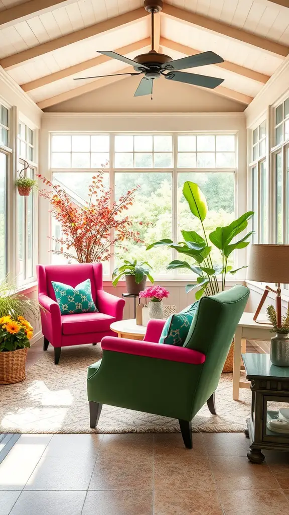 Brightly colored accent chairs in a sunroom with plants and flowers