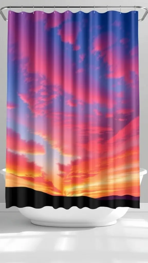 A vibrant shower curtain featuring a colorful sunrise scene.