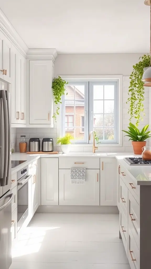 A bright kitchen with white cabinets filled with various green plants, creating a fresh and natural look.