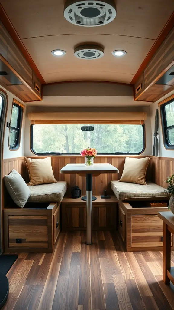 Cozy camper interior with built-in seating and hidden storage.