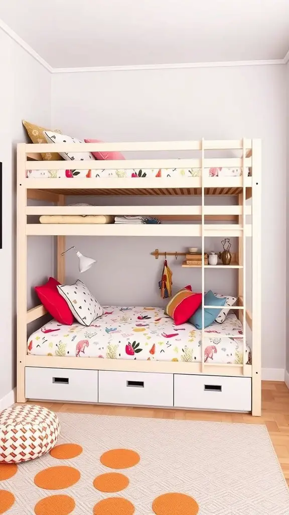 Stylish bunk bed with storage drawers underneath, featuring colorful bedding and pillows.