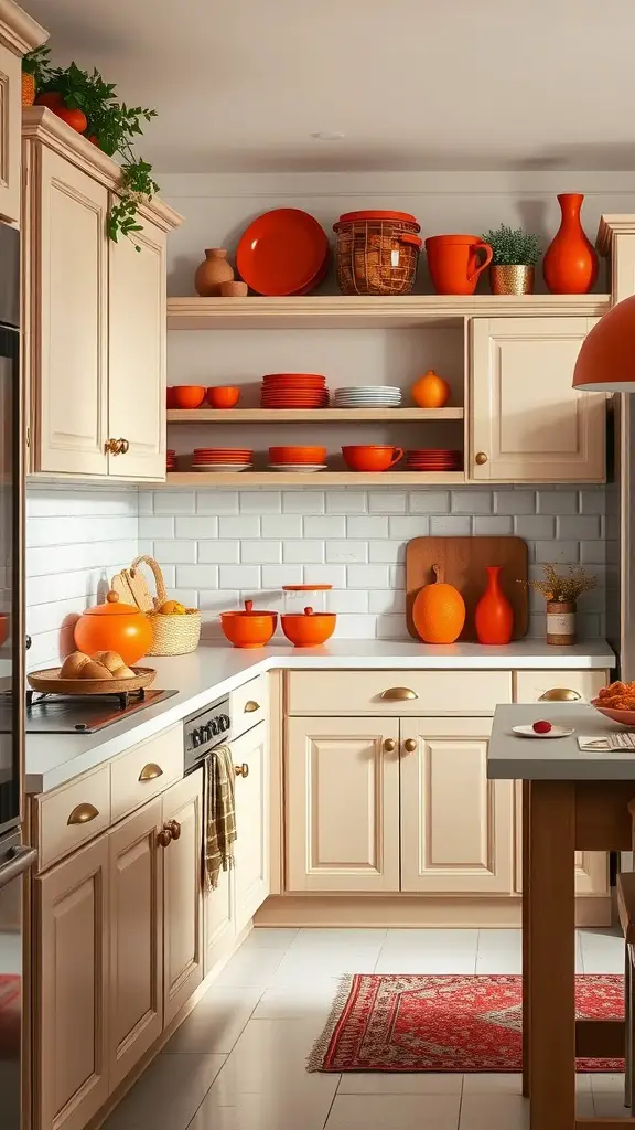 A cozy kitchen featuring burnt orange accessories, warm wood tones, and neutral cabinetry.