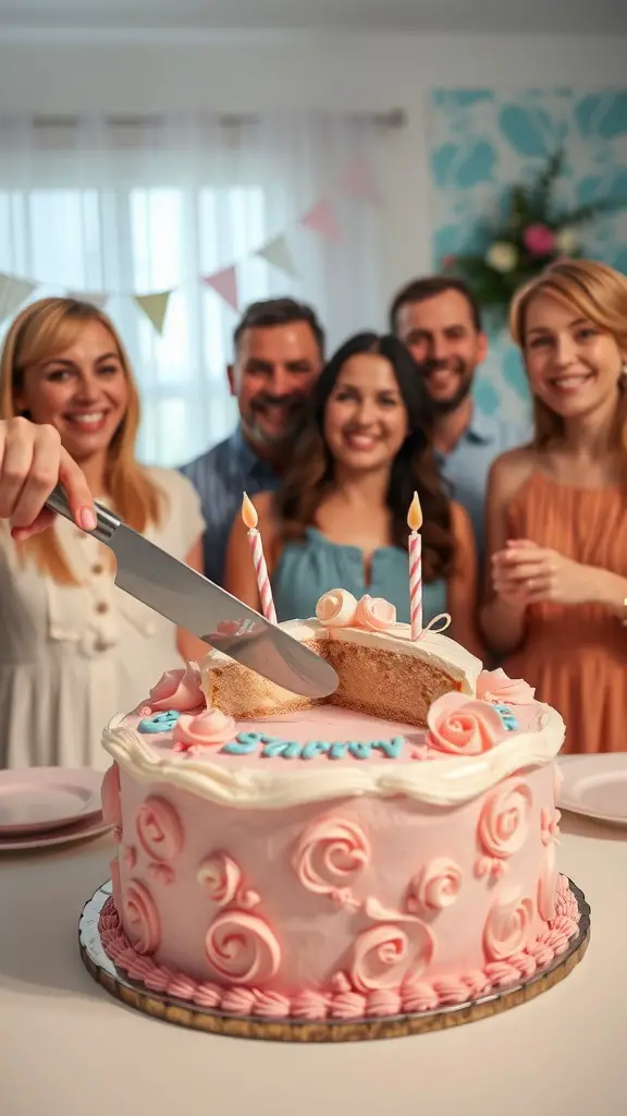 A group of friends joyfully watching as someone cuts into a pink frosted cake during a gender reveal celebration.
